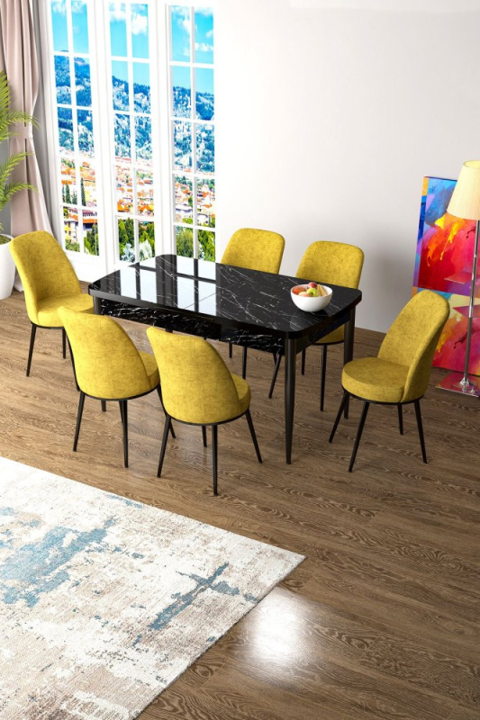 Extendable Dining Table & Chairs Set (7 Pieces) Zen - Black Marble, Mustard