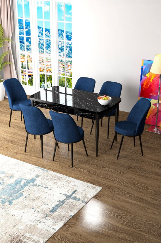 Extendable Dining Table & Chairs Set (7 Pieces) Zen - Black Marble, Navy Blue