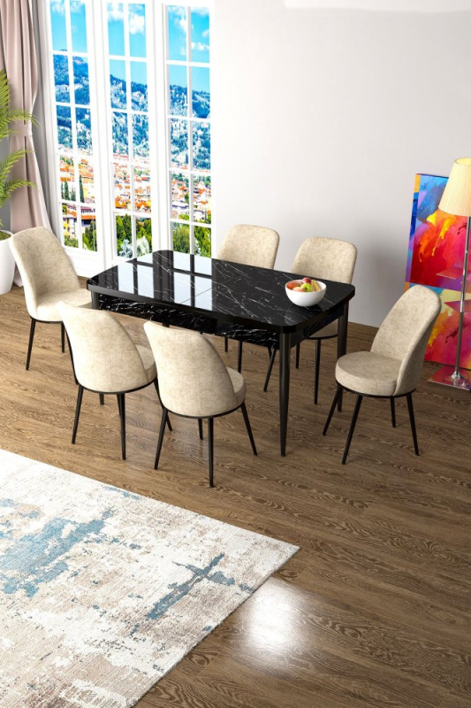 Extendable Dining Table & Chairs Set (7 Pieces) Zen - Black Marble, Cream