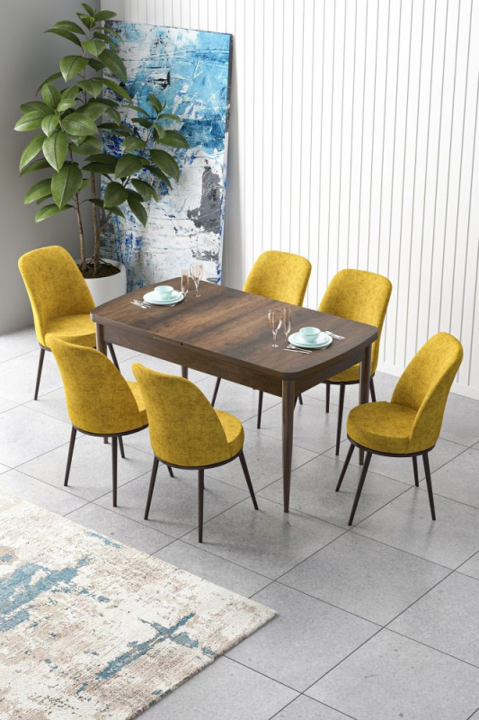 Extendable Dining Table & Chairs Set (7 Pieces) Zen - Baroque, Mustard