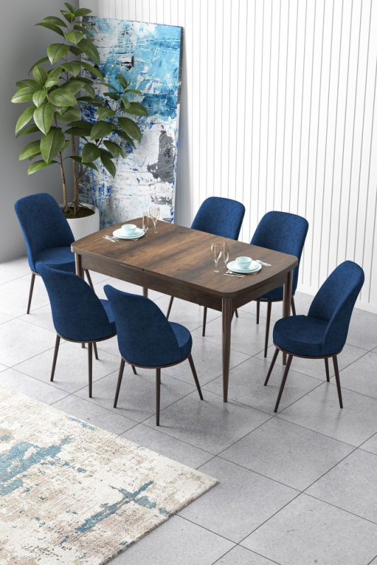 Extendable Dining Table & Chairs Set (7 Pieces) Zen - Baroque, Navy Blue