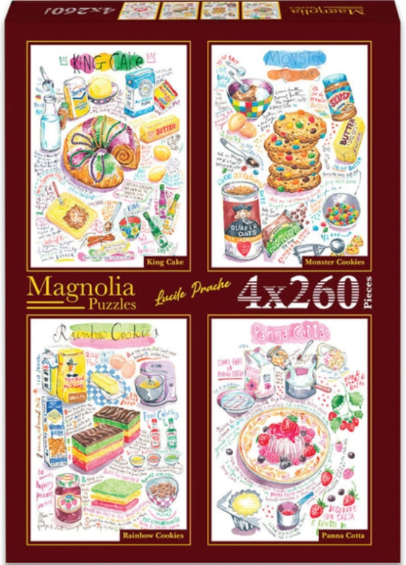 Magnolia puzzle bábovka, příšerkové sušenky, duhové sušenky a panna cotta 4x260 dílků
