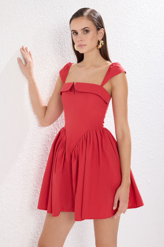 Trendyol Red A-Line Buttoned Poplin Woven Poplin Short Chic Dress