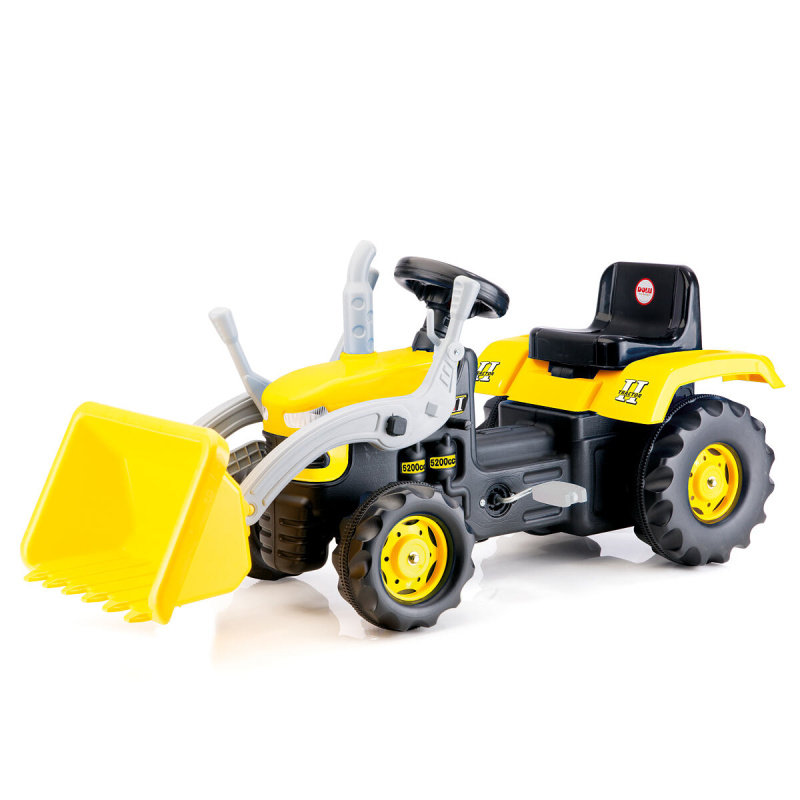 Velký šlapací traktor s rypadlem, žlutý
