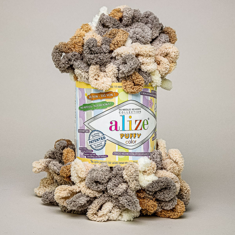 Pletací příze Alize PUFFY COLOR 5926 béžovo-smetanovo-hnědý melír, efektní, 100g/9m