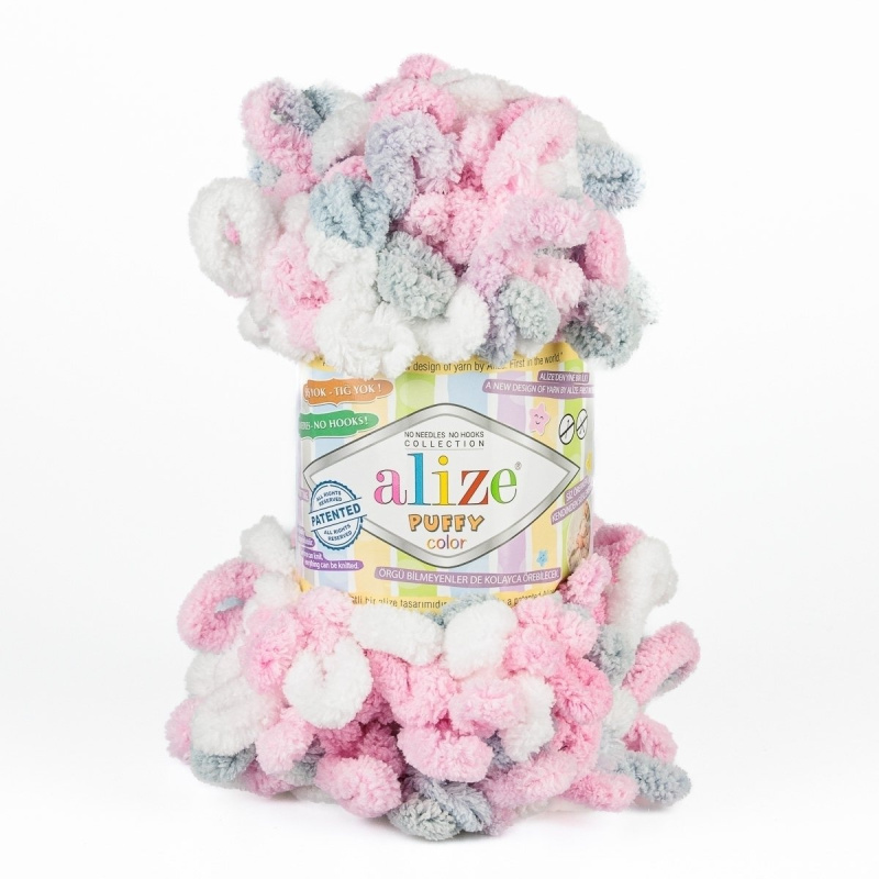 Příze s oky Alize PUFFY COLOR pro ruční pletení bez jehlic, 6370 růžovo-šedo-bílý melír, efektní, 100g/9m
