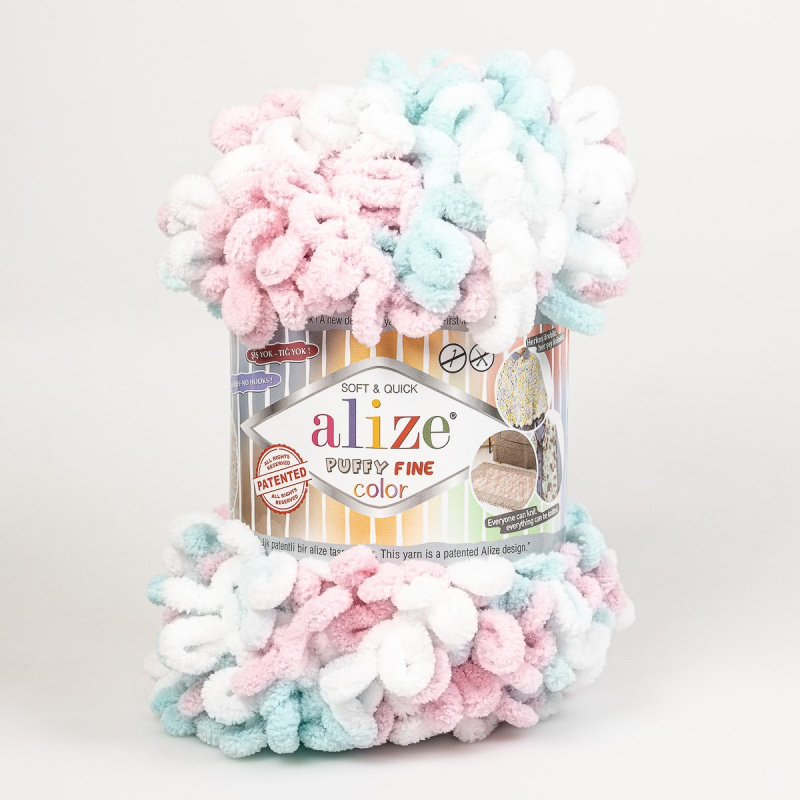Pletací příze Alize PUFFY FINE COLOR 6377 růžovo-bílo-tyrkysový melír, efektní, 100g/14m