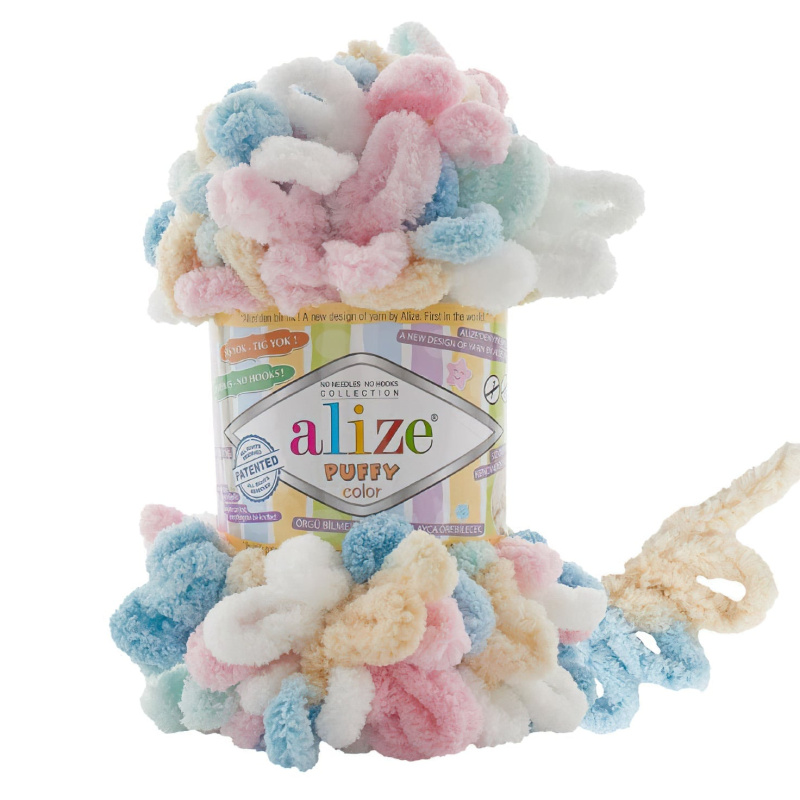 Pletací příze Alize PUFFY COLOR 6523 modro-růžovo-béžovo-bílý melír, efektní, 100g/9m
