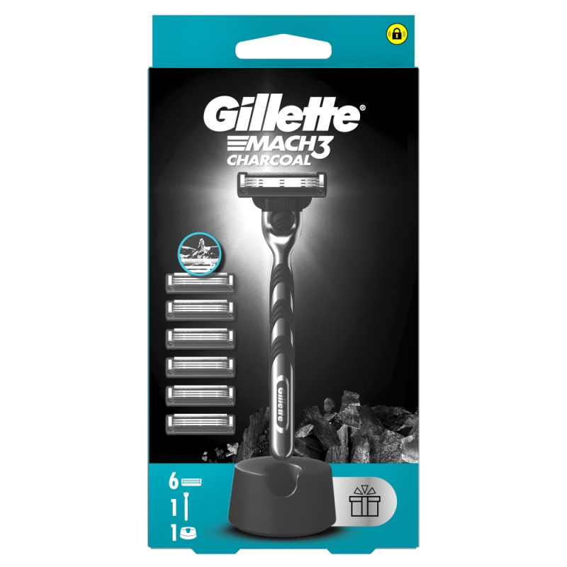 Gillette Mach3 Charcoal holicí strojek se stojánkem + náhradní břity 6 ks