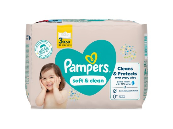 PAMPERS Soft clean dětské vlhčené ubrousky 3 x 60 kusů