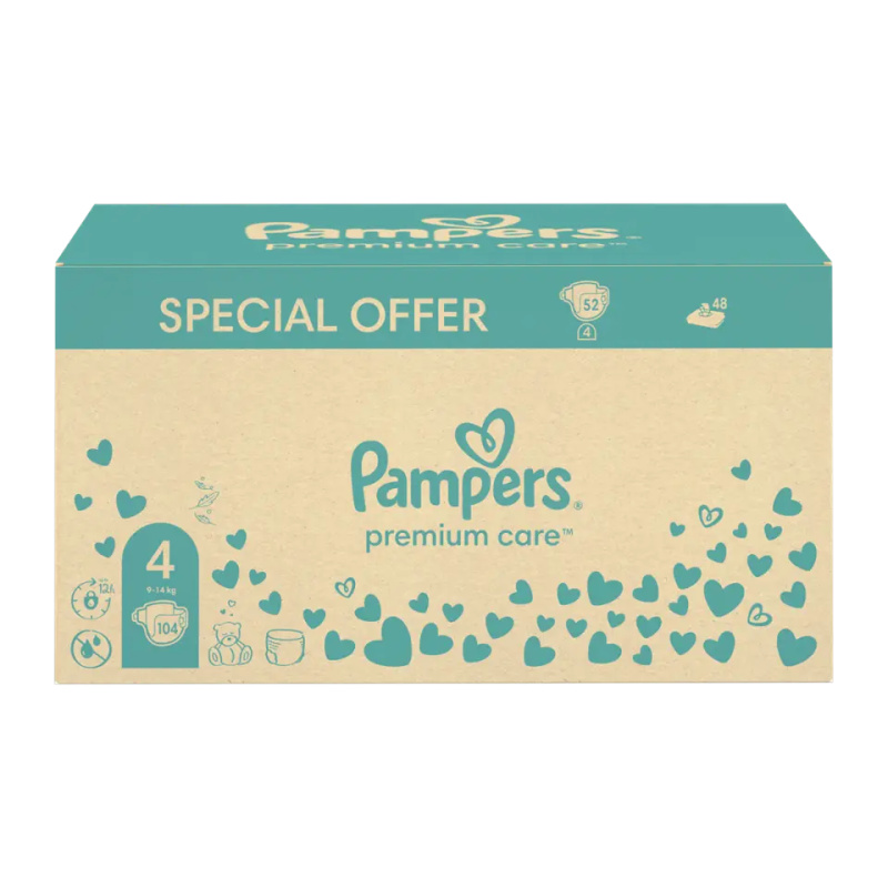 Pampers Pleny Premium Care, 9–14 kg, vel. 4, vlhčené ubrousky Harmonie Aqua 104 ks 104 ks