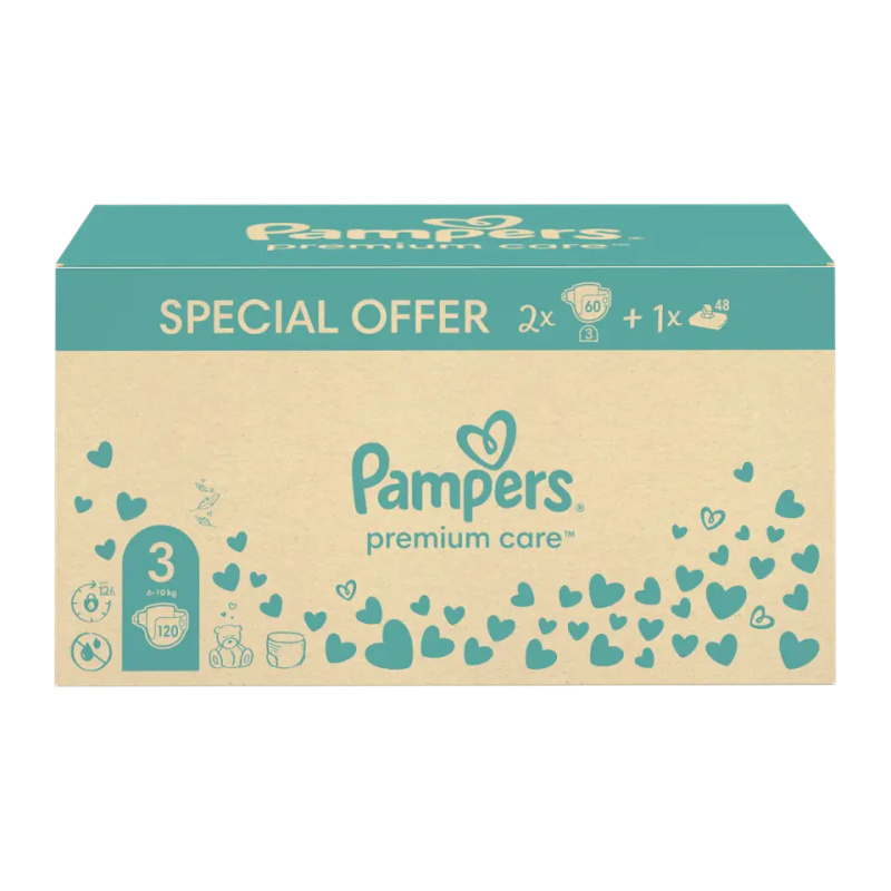 Pampers Pleny Premium Care, 6–10 kg, vel. 3, vlhčené ubrousky Harmonie Aqua 120 ks 120 ks
