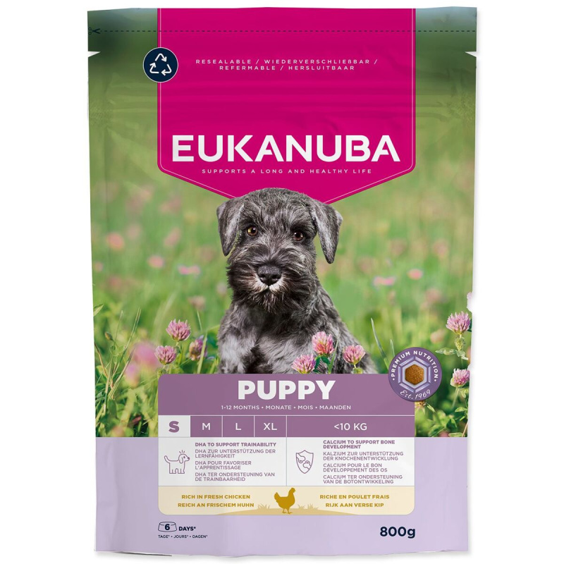 Krmivo EUKANUBA dry dog food for small breed puppies, rich in fresh chicken 800 g