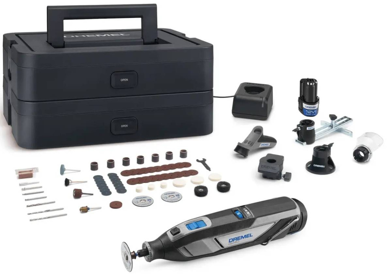 Akumulátorové nářadí Dremel 8240 Platinum+ / s příslušenstvím / 2x aku 2,0 Ah Li-Ion / nabíječka / černá / šedá / modrá Varianta: ivi1