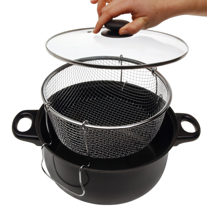EH Excellent Houseware Fritovací hrnec na smažení s košíkem a skleněným víkem, 26 cm černá