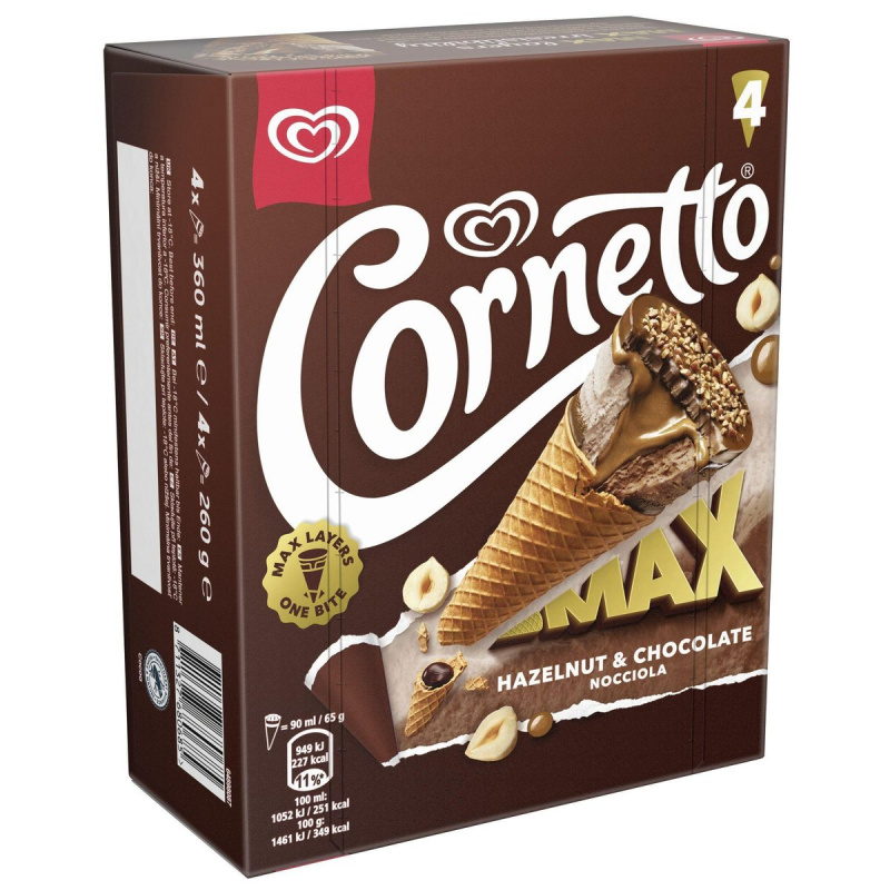 Cornetto Max hazelnut & chocolate zmrzlina v kornoutu (4×90 ml)