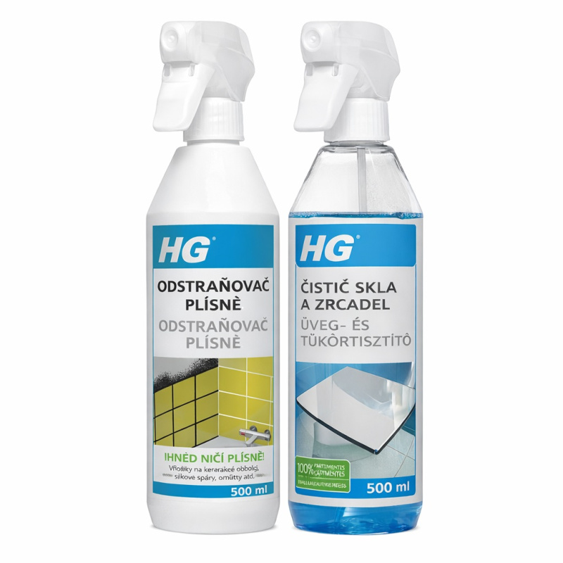 HG Odstraňovač plísně 500 ml + Čistič skla a zrcadel 500 ml