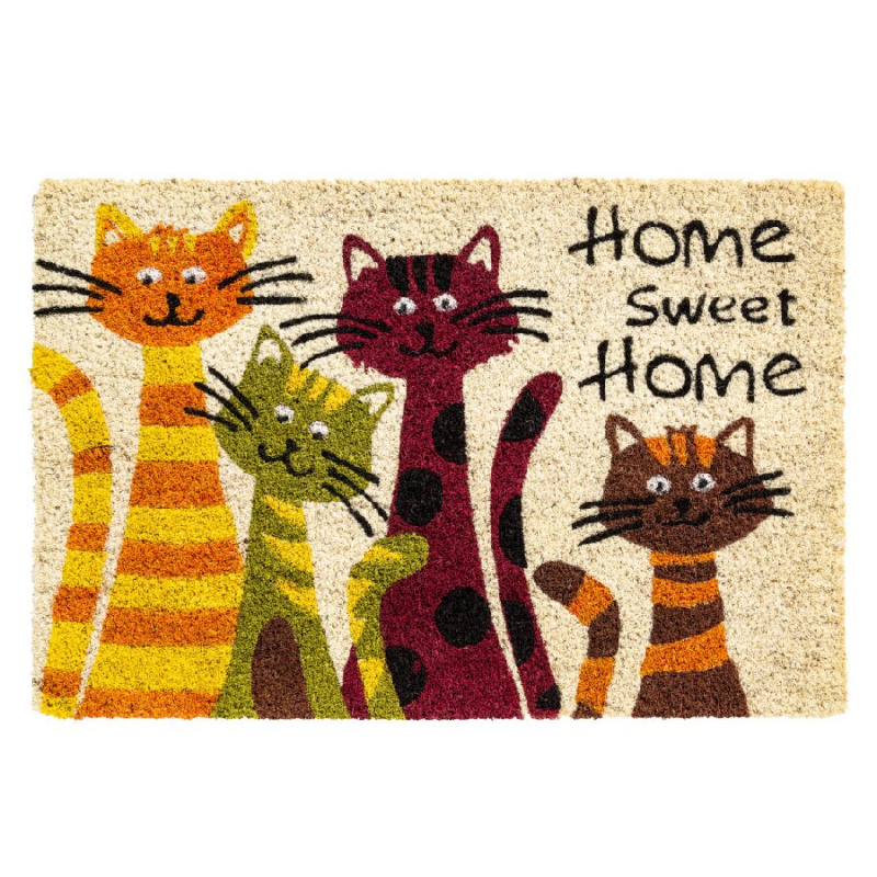 FLOMAT Kokosová vstupní rohož FLOMA Ruco Cats Home Sweet Home - délka 40 cm, šířka 60 cm, výška 1,5 cm