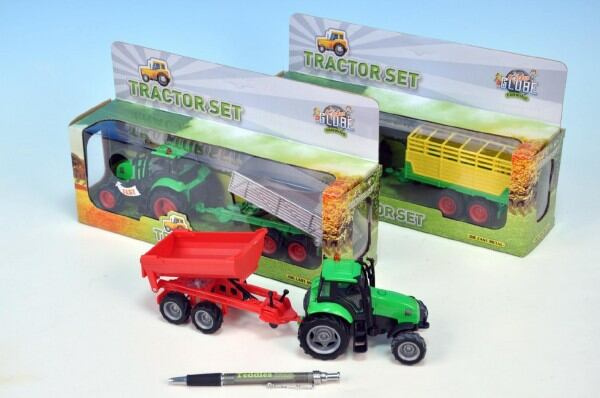 Kids Globe Farming traktor kov 25 cm na setrvačník s vlečkou na bat. se světlem a zvukem, mix druhů