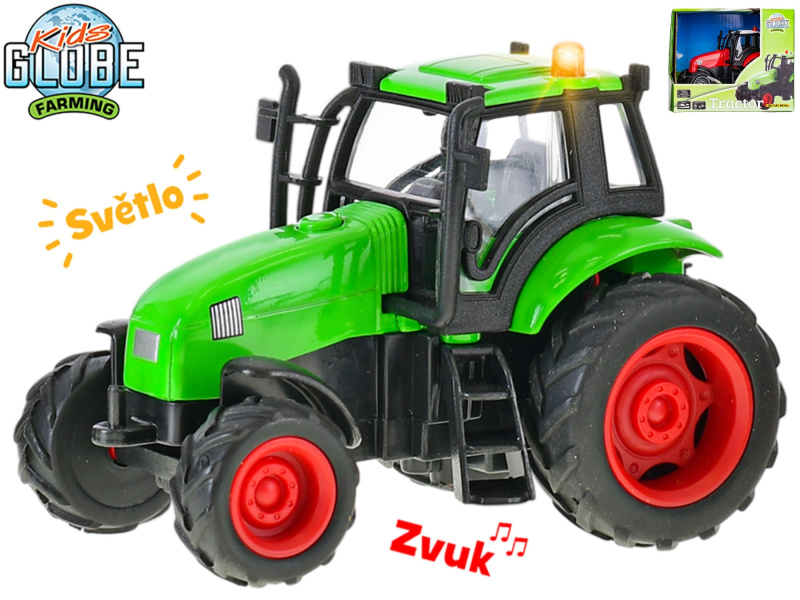 Traktor kov 11cm na setrvačník na baterie se světlem a zvukem 3barvy v krabičce