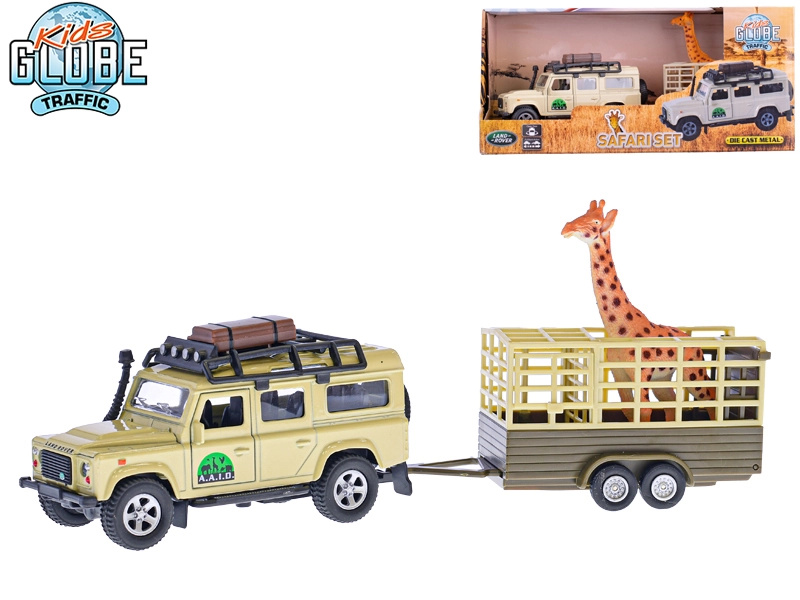 Kovový terénní vůz s přívěsem a žirafou 14 cm – LAND ROVER DEFENDER na zpětný chod
