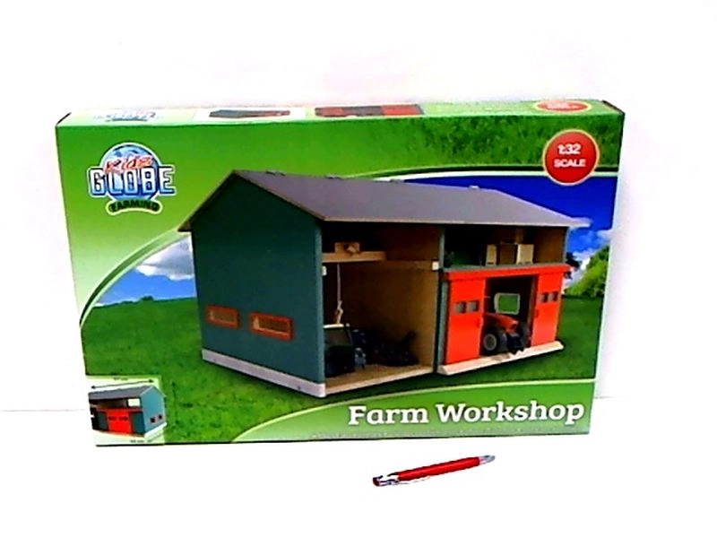 Kids Globe farmářská dílna a garáž ze dřeva s otevírací střechou 1:32