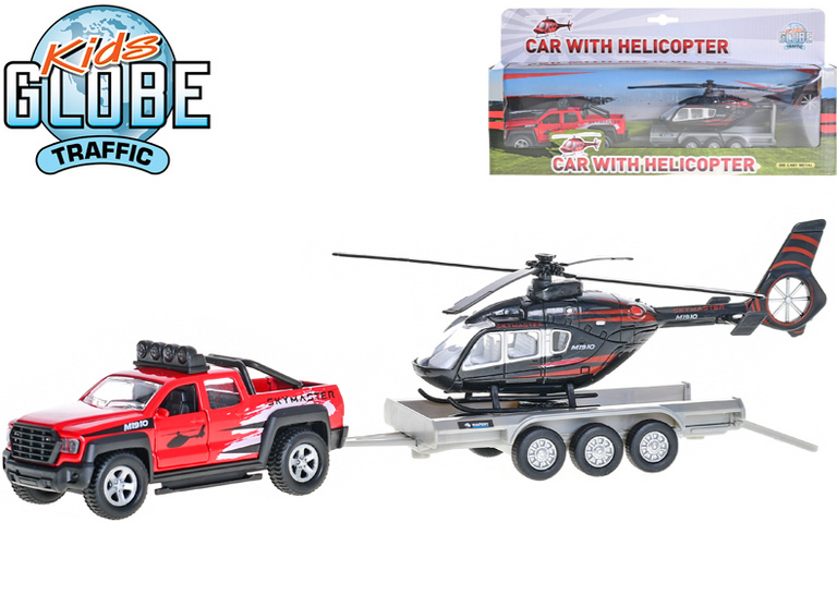 Kids Globe Traffic auto terénní 13 cm kov na zpětný chod s přívěsem + vrtulníkem 20 cm