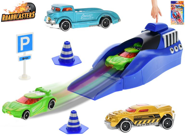 Roadblasters sada aut 6,5 cm 3 ks s vystřelovací rampou + dopravní značky, mix barev