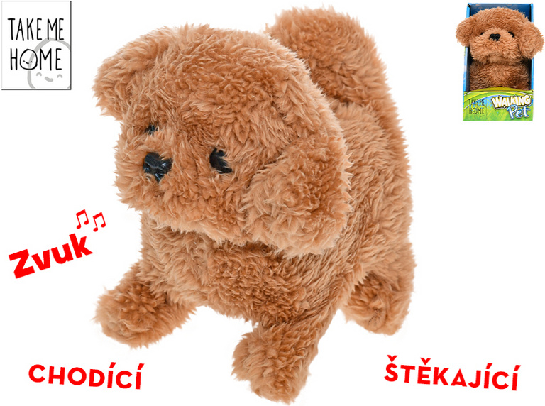 Pejsek plyšový 15,5 cm na baterie chodící a štěkající