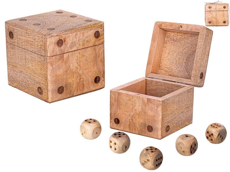 Dřevěná kostka z mangového dřeva s úložným boxem a sadou 5 hracích kostek