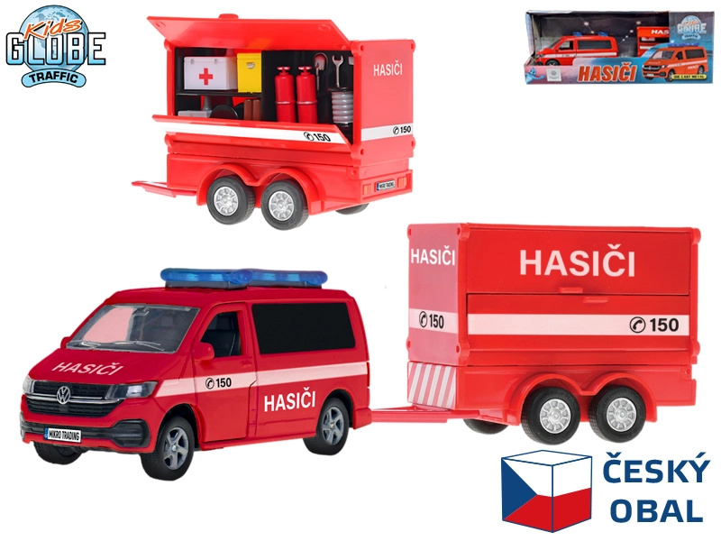 Kids Globe Traffic VW hasiči CZ design 27,5cm kov zpětný chod s přívěsem v krabičce