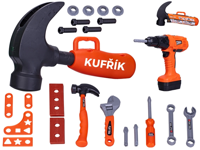 Dětská sada nářadí s akumulátorovou vrtačkou v kufříku ve tvaru kladiva