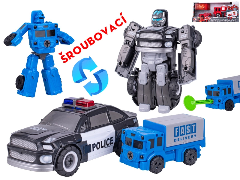 Transformační záchranná auta na roboty – policejní a hasičské, set 2 ks