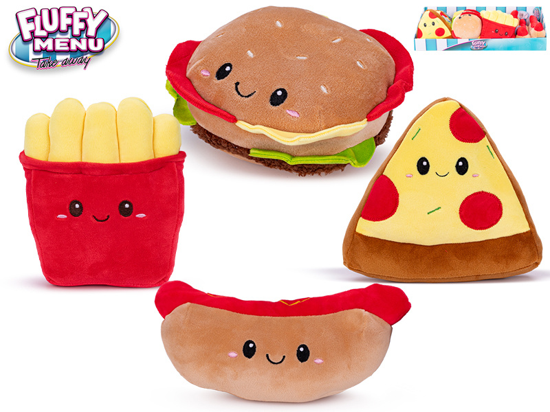 Plyšové hračky Fluffy Menu – hamburger, pizza, hranolky a hot dog
