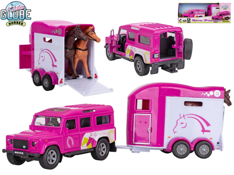 Kids Globe Land Rover s přívěsem pro koně – růžový kovový model se zpětným chodem