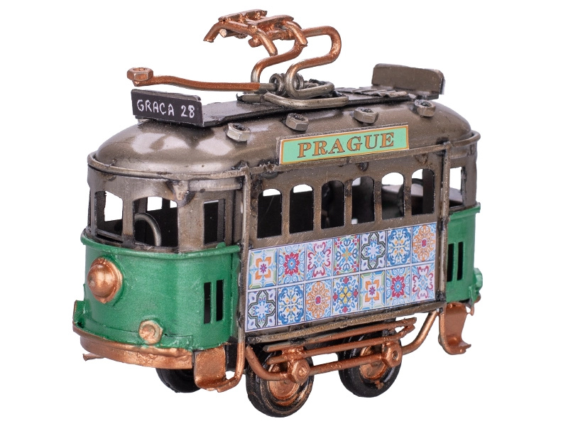 Kovový model tramvaje Prague 9 cm – zelená dekorativní tramvaj s volným chodem