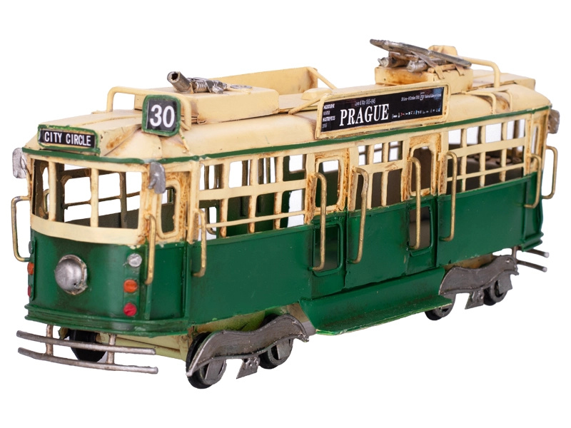 Kovový model tramvaje Prague – zelená vintage dekorace s volným chodem
