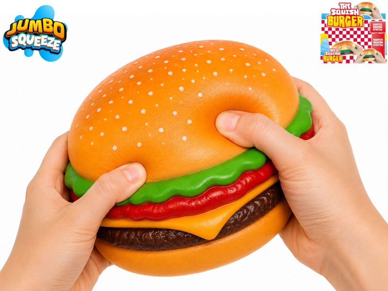 Strečový jumbo hamburger antistresová mačkací hračka 12 × 12 × 5,5 cm
