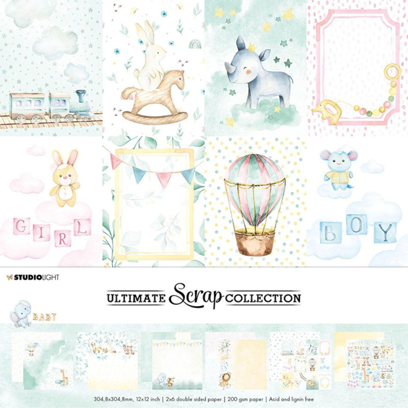 Sada scrapbookových papírů Studio Light, 30,5 x 30,5 cm (12 ks) – narození miminka Aladine