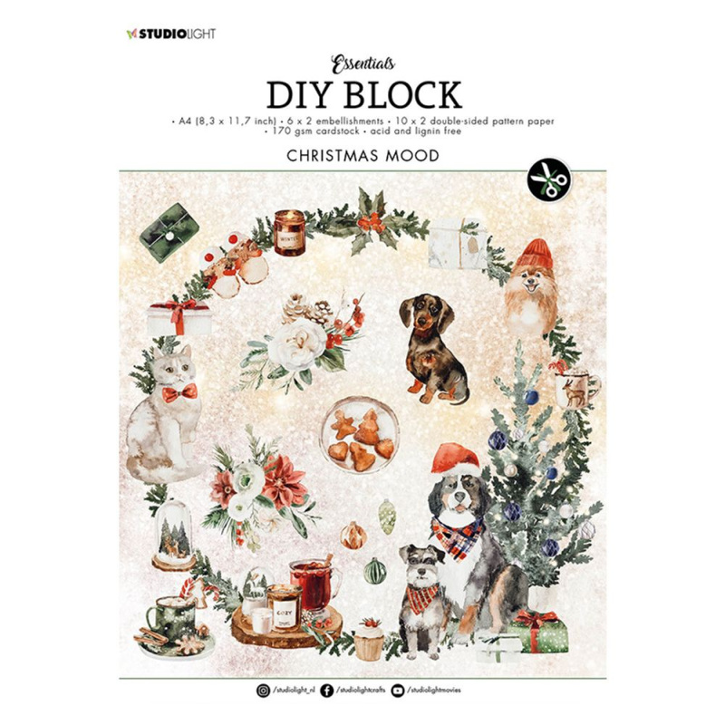 DIY kreativní blok s papírovými výseky Studio Light, A4 – Vánoce s mazlíčky Aladine