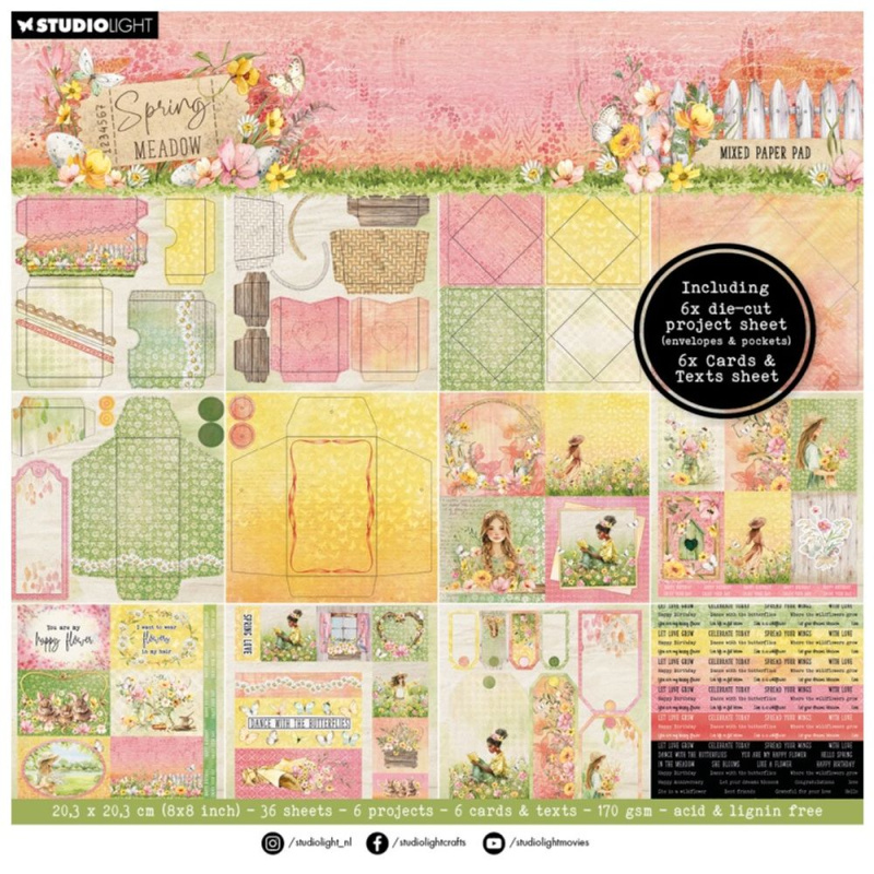 Kreativní blok Studio Light Spring Meadow, 20,3x20,3 cm, 36 l. - Přání a obálky Aladine