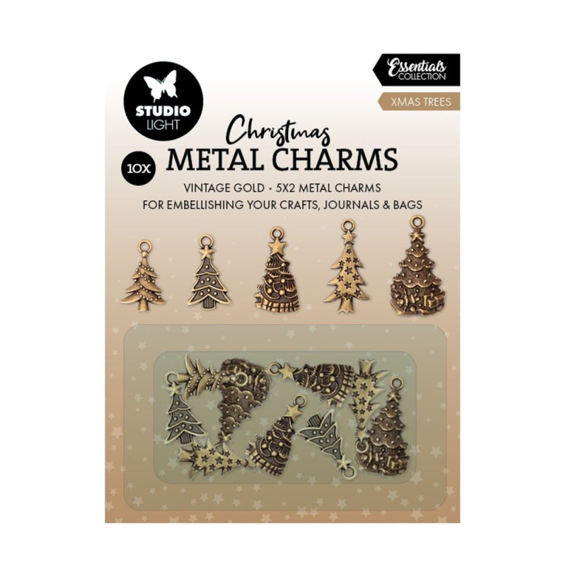Studio Light Kovové přívěsky Studio Light, 10 ks - Zlaté vánoční stromečky