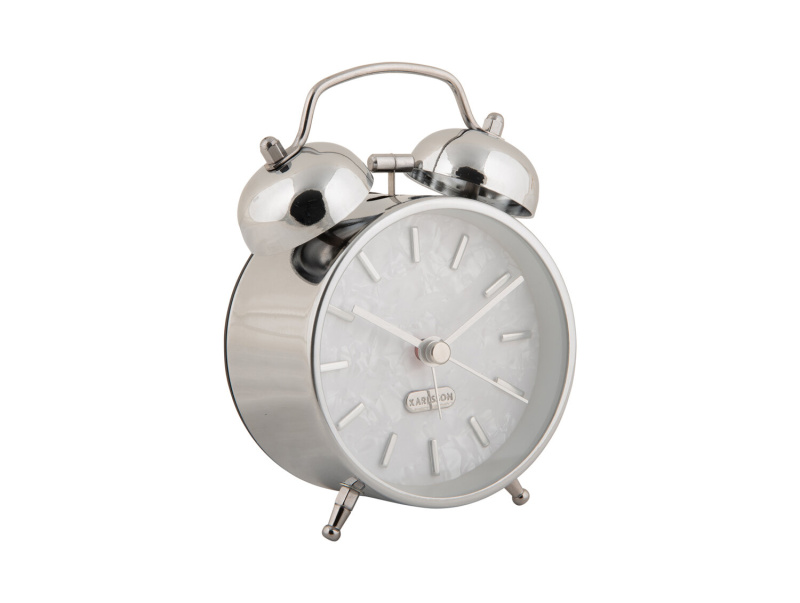 Karlsson Retro budík PEARL GLOW, Ø 8 cm, stříbrný stříbrný