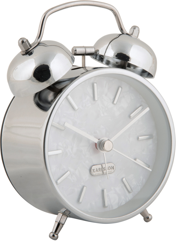 Karlsson Retro budík PEARL GLOW, Ø 8 cm, stříbrný stříbrný