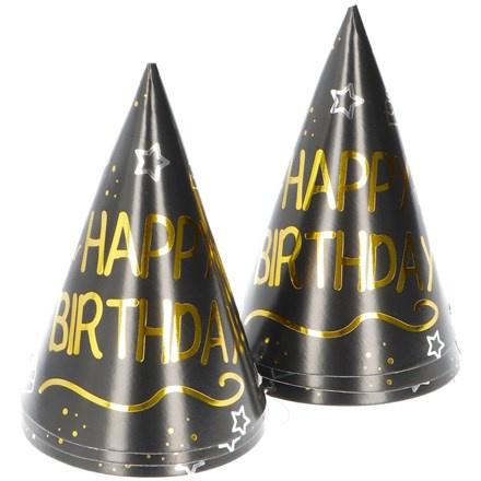 Párty čepice Happy Birthday černé zlaté 6 ks