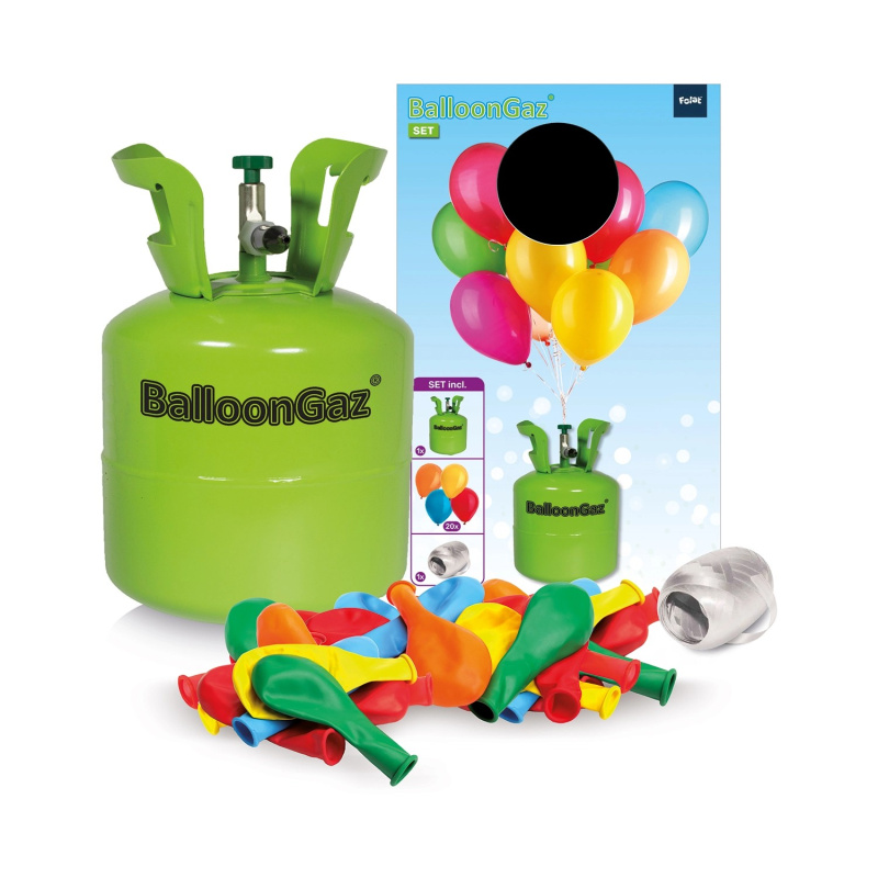 Láhev helia BalloonGaz zelená + stuha + 20 ks balńků