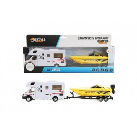 Teddies Autokaravan se člunem kov/plast 34cm na zpětné natažení v krabičce 36x15,5x6cm
