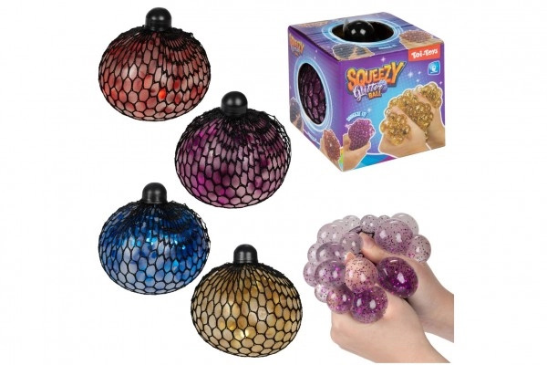 Míček antistresový mačkací v síťce sliz 10cm s glitry 4 barvy v krabičce 9x95x9cm