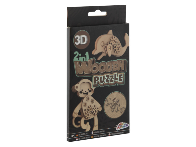 GRAFIX Dřevěné 3D puzzle 2v1 Opice a delfín