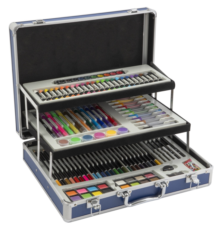 Kovový rozkládací malířský kufřík – kompletní výtvarný set 140 ks